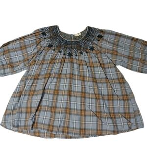 L Easel Plaid Floral Embroidered Peasant Top Blue Brown Puff Sleeve